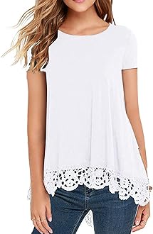 QIXING Women's Tops Short Sleeve Lace Trim O-Neck A Line Tunic